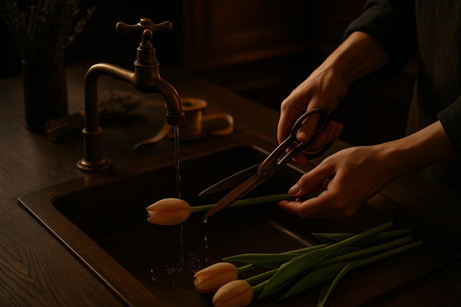 Florist trimming flower stems at a diagonal under running water.
