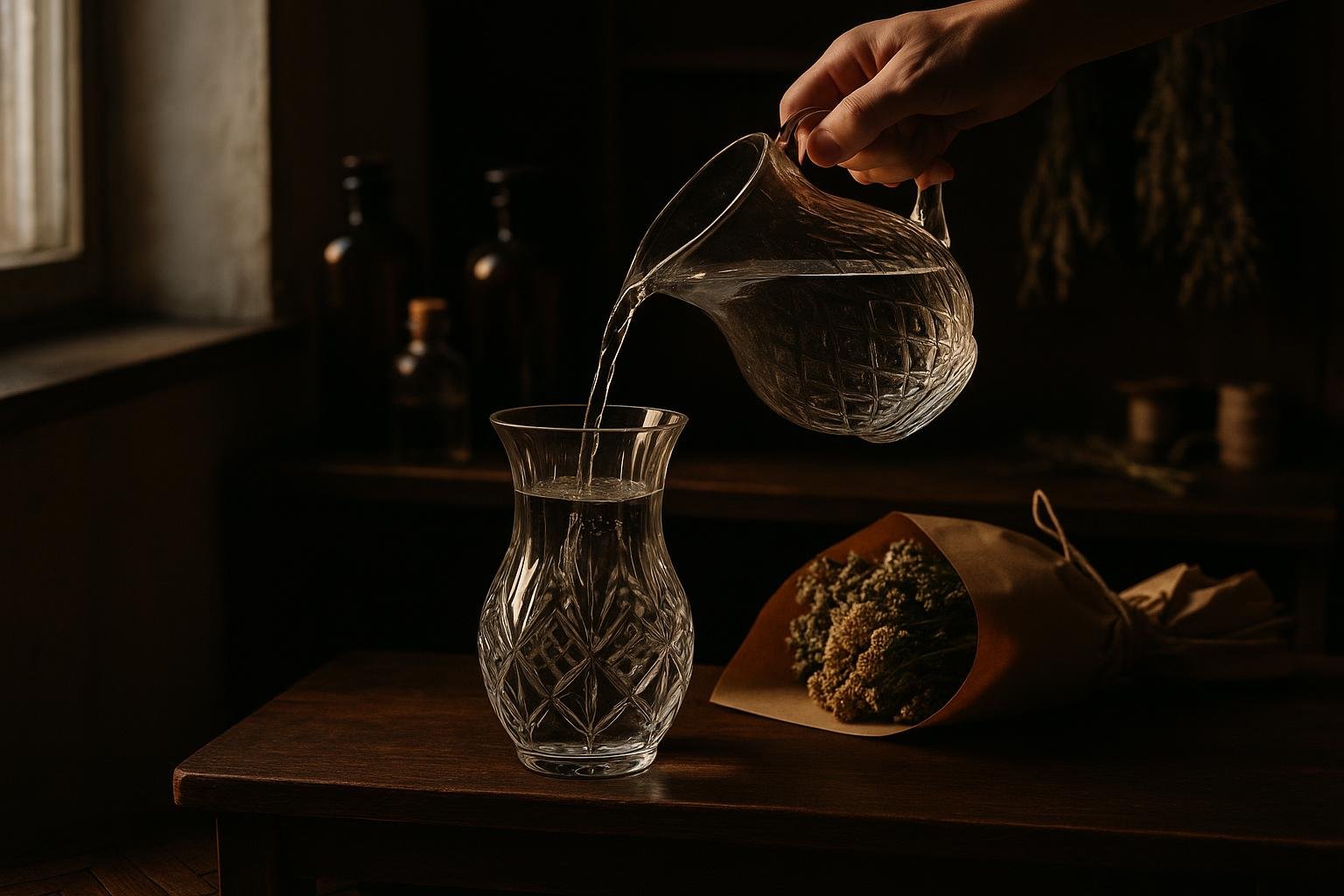 Clean glass vase being refilled with cold tap water.