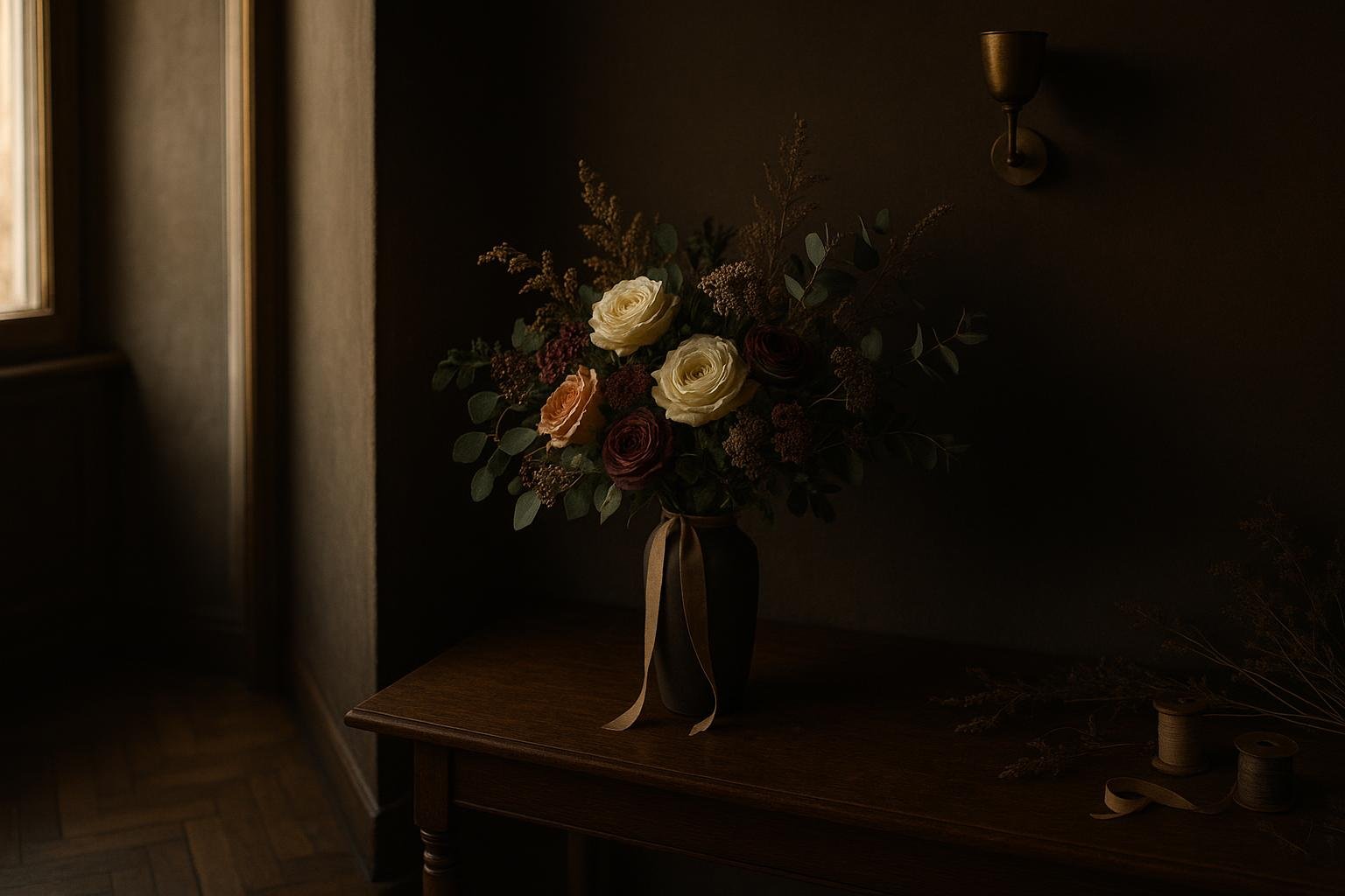 A bouquet in a shaded corner away from a sunlit window.
