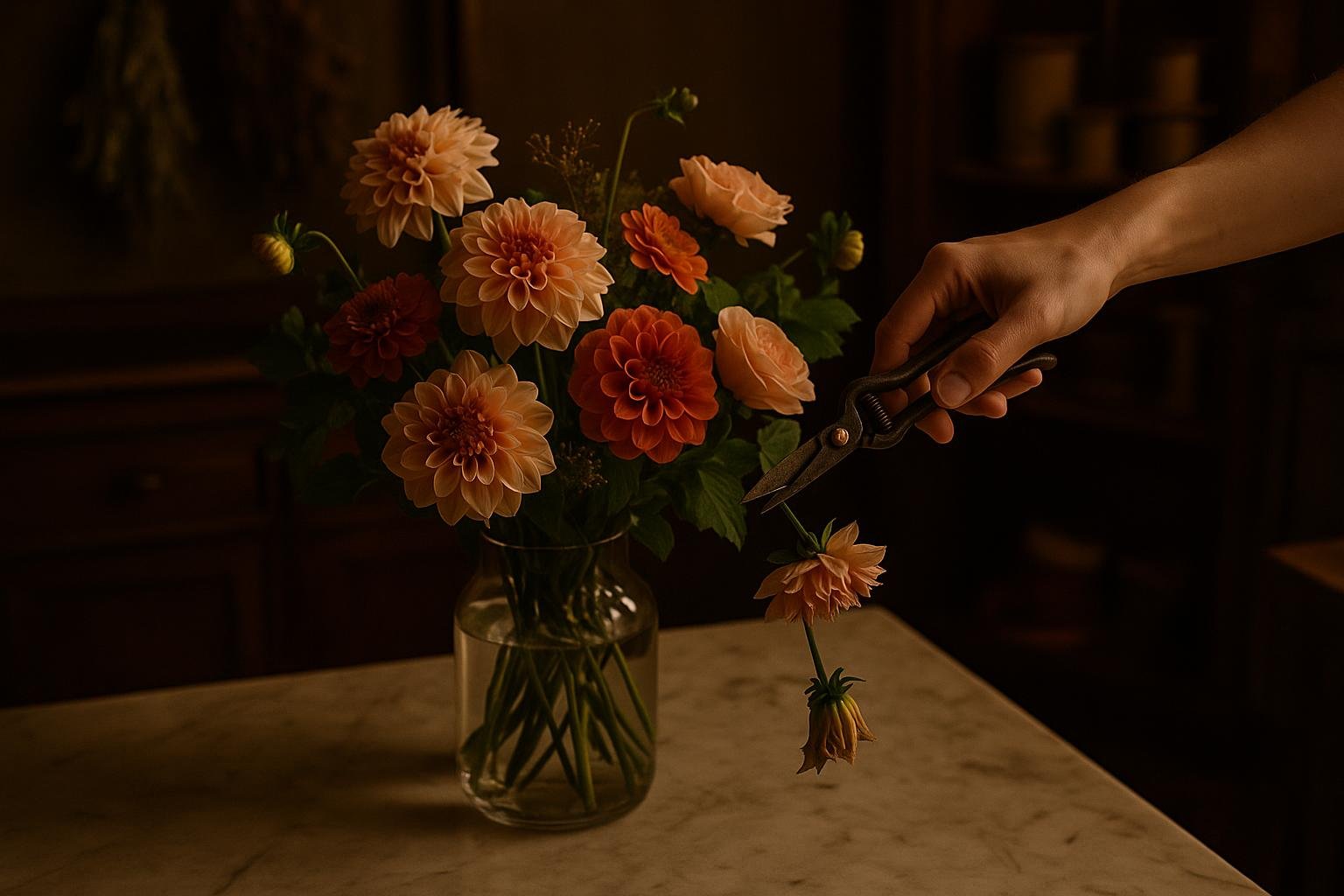 Gentle hands removing a single wilted bloom from a bouquet.