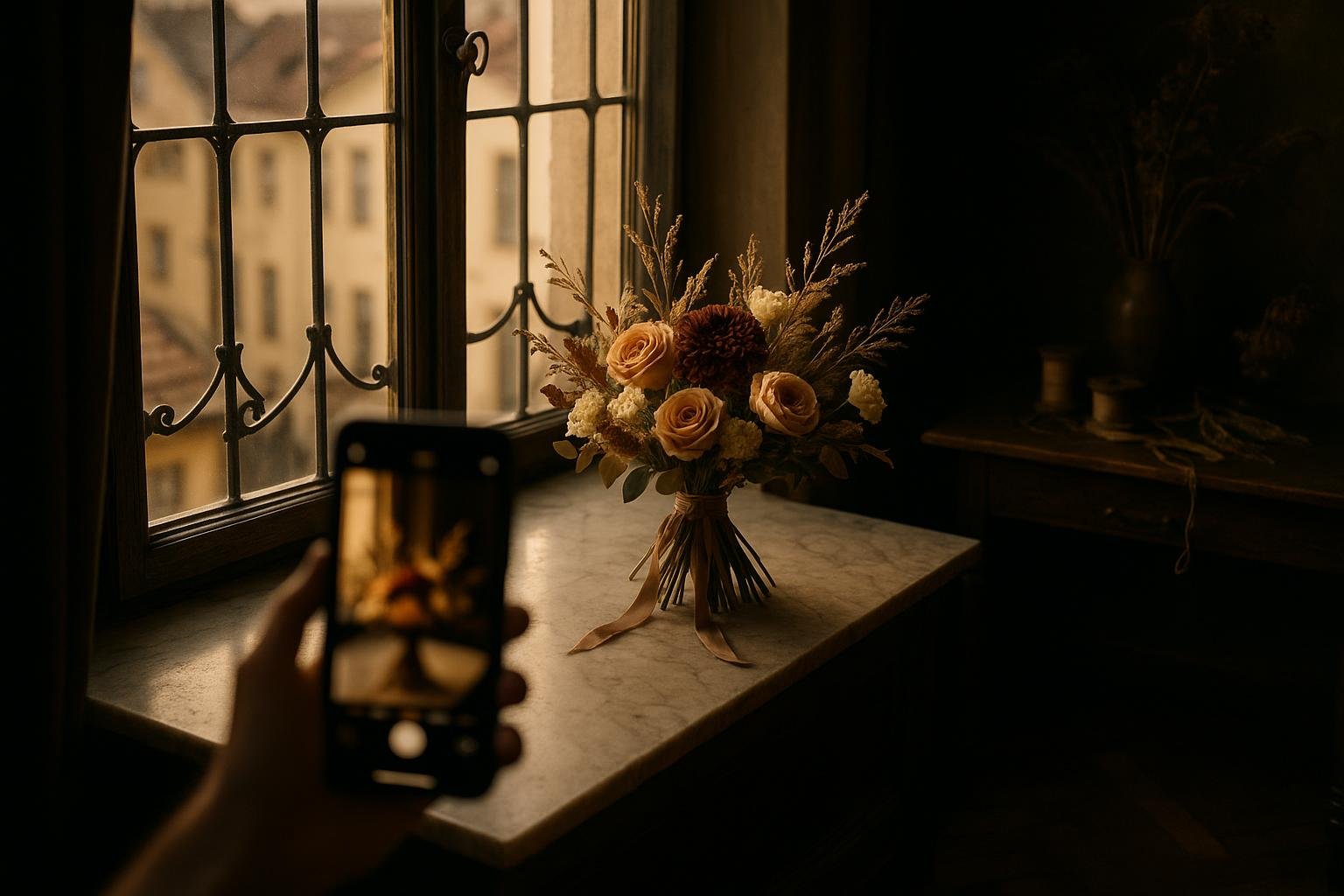 Phone capturing a styled bouquet on a table at golden hour.